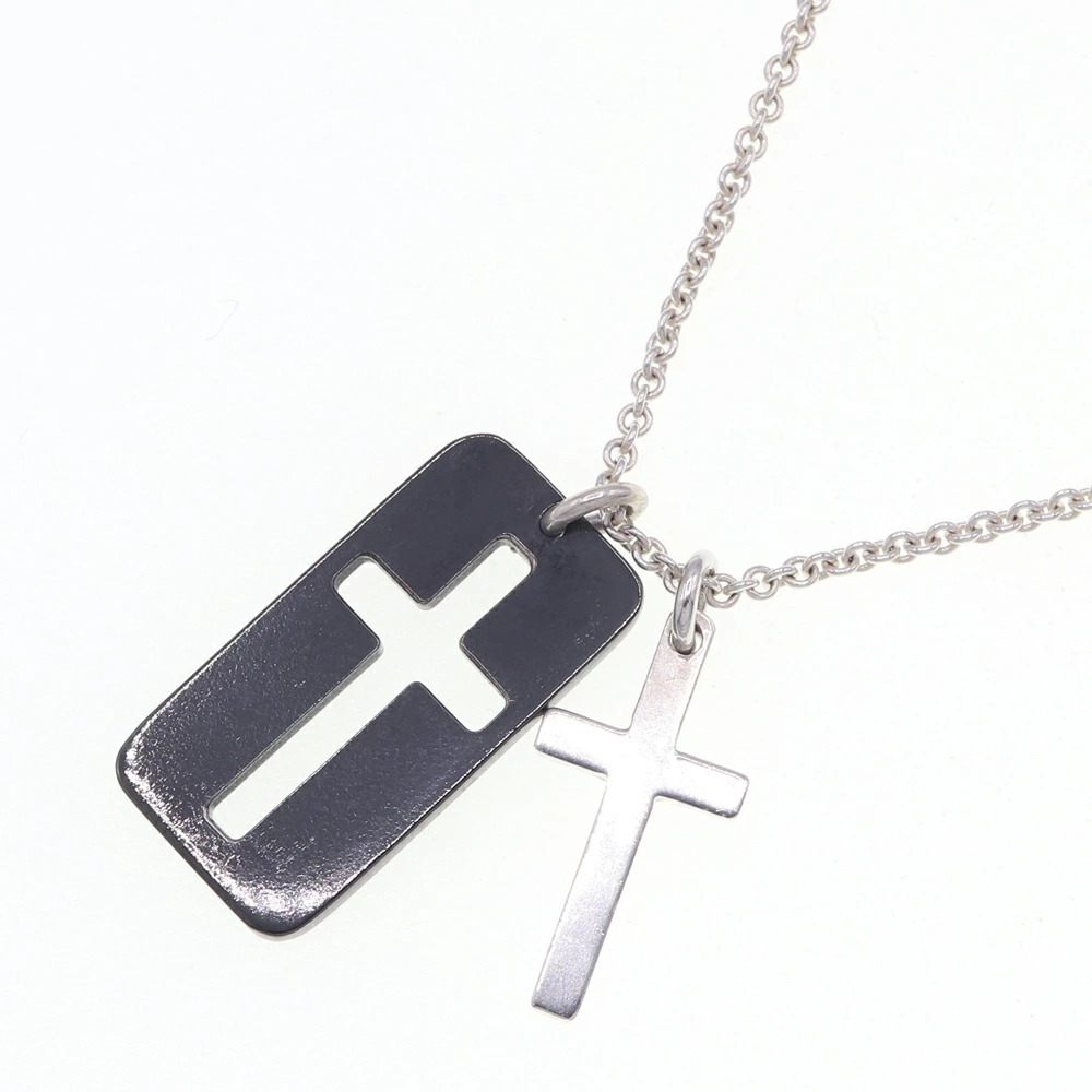 Tiffany Co Double Cross Necklace Sterling Silver Titanium Pendant Accessory